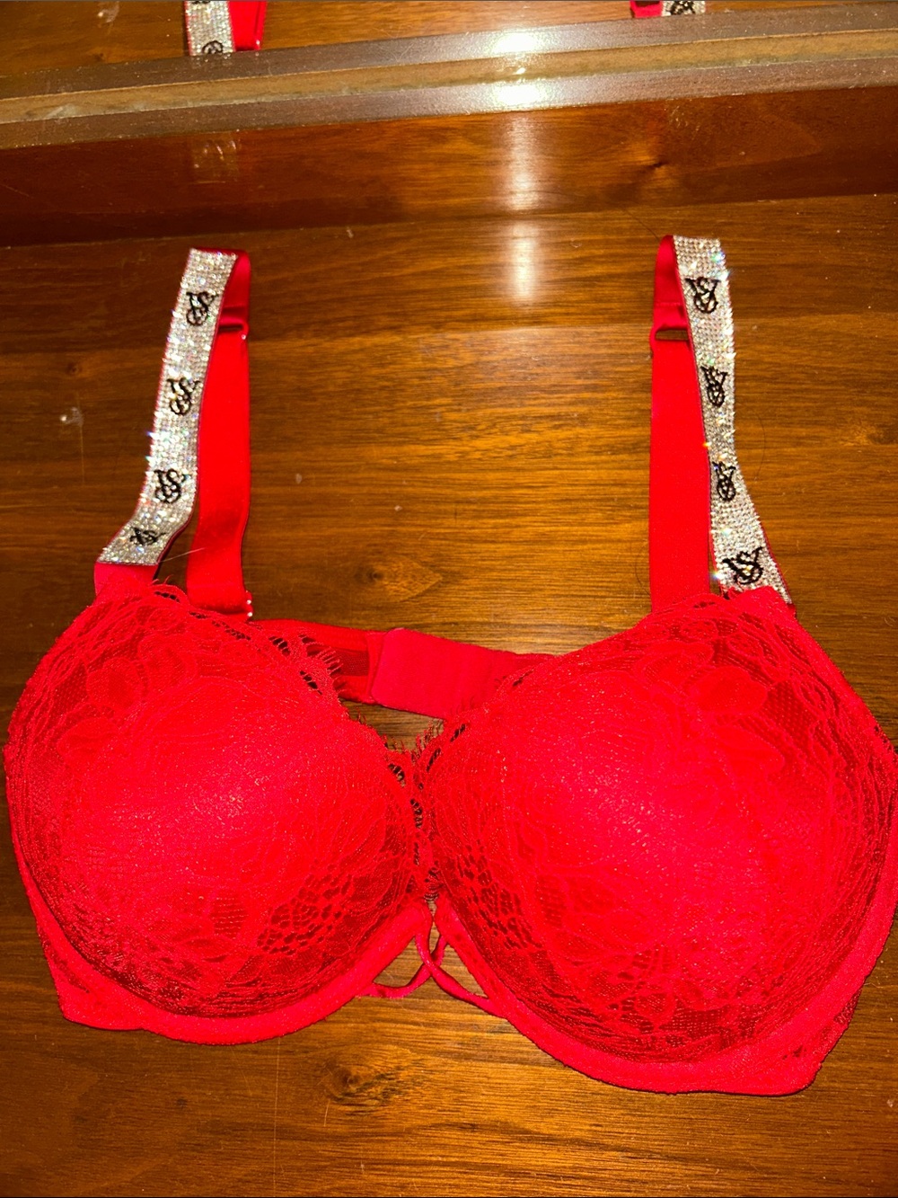 Victoria's Secret Red Lace Bra with Rhinestone Logo Straps